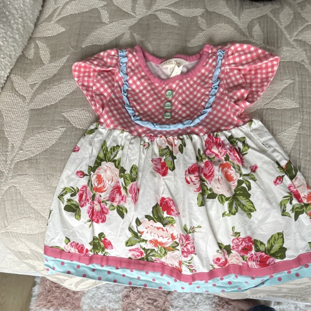 Matilda Jane Fit & Flare Pink Gingham Floral Dress Puff Sleeve 12-18 Months